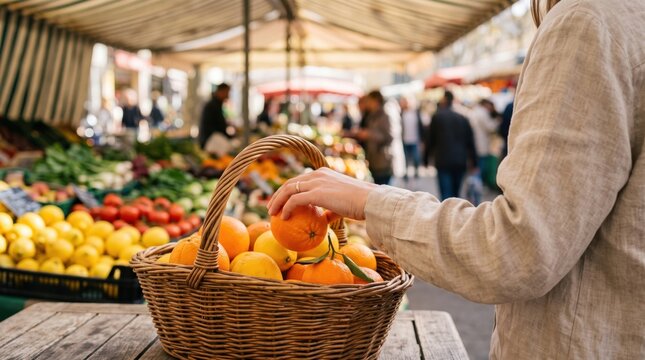 Woman choosing fresh oranges at organic farmers market. Healthy food shopping and local produce concept.