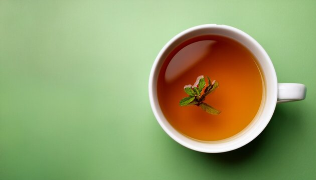 top view of a white ceramic mug filled with hot ambercolored herbal tea isolated on a light green background
