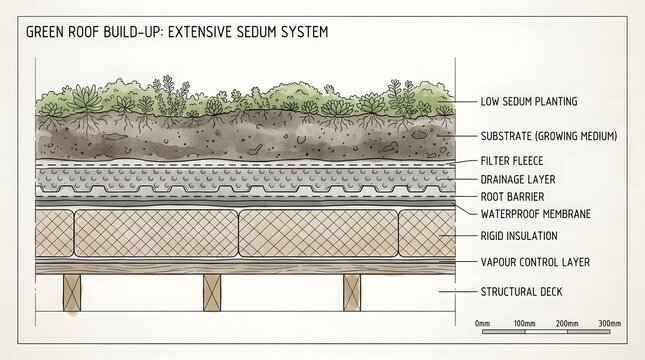 Green roof build up section diagram showing sedum system layers for sustainable urban architecture.