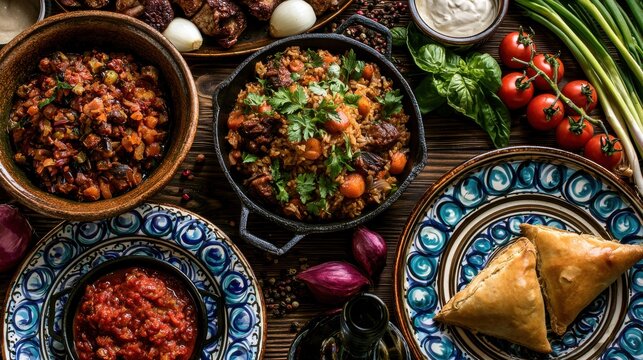 Top view of a rustic wooden table filled with traditional uzbek cuisine including samsa meat stew salad and fresh vegetables