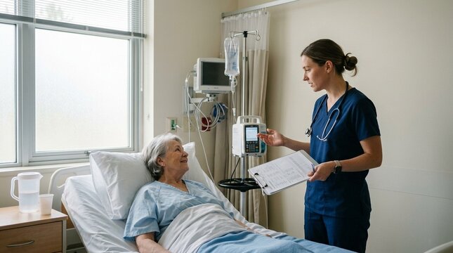 Nurse standing beside the bed confirming the dose calculation &ndash; Wide Environmental Shot, Hospital Medication Safety