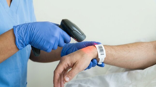 Nurse scanning a patient wristband barcode bedside &ndash; Close-Up, Hospital Medication Safety