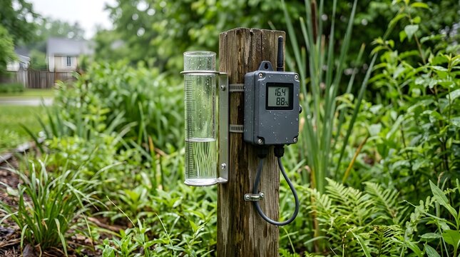 Digital rain gauge with thermometer measuring precipitation in a garden