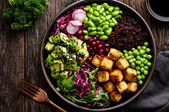 Top view of a healthy buddha bowl featuring crispy tofu edamame radish red cabbage and fresh greens on wooden background
