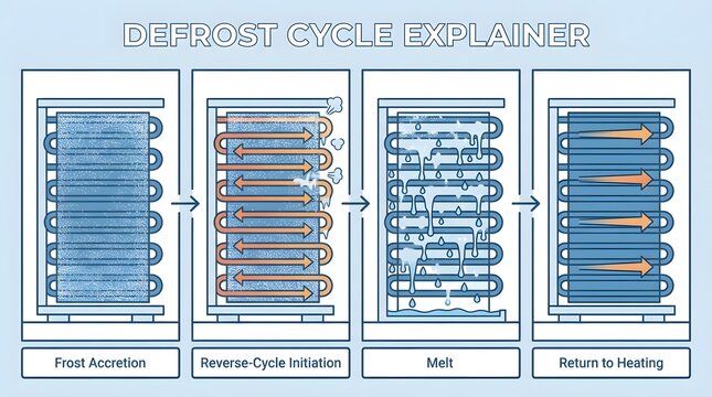 Defrost cycle explainer infographic with four stages of reverse cycle operation for heat pumps.