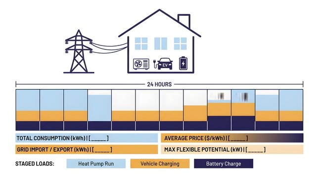 Demand side flexibility concept chart with residential energy load staging and grid power imports.