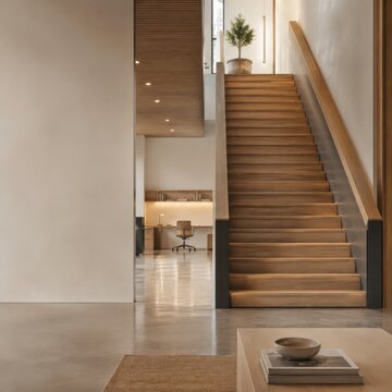 Wide wooden staircase in a minimalist modern home