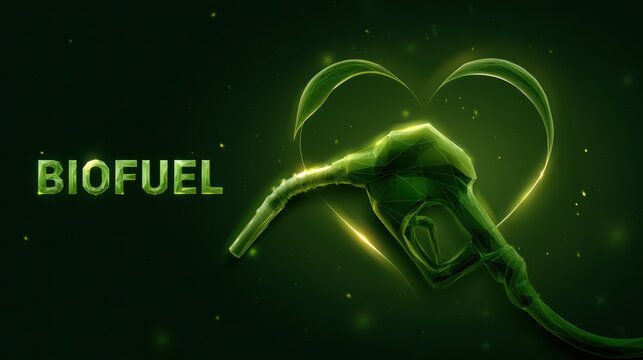 A glowing green fuel pump nozzle forming a heart shape on a dark background representing sustainable and renewable energy sources