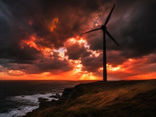 Obraz premium A single wind turbine standing on a grassy cliff edge overlooking the ocean during a dramatic sunset with fiery orange and dark clouds