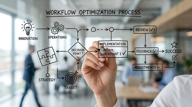 Business professional drawing a workflow optimization process diagram on a glass wall in modern office.