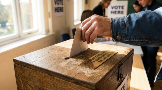 Person putting a paper ballot into a wooden voting box during an election at a polling station