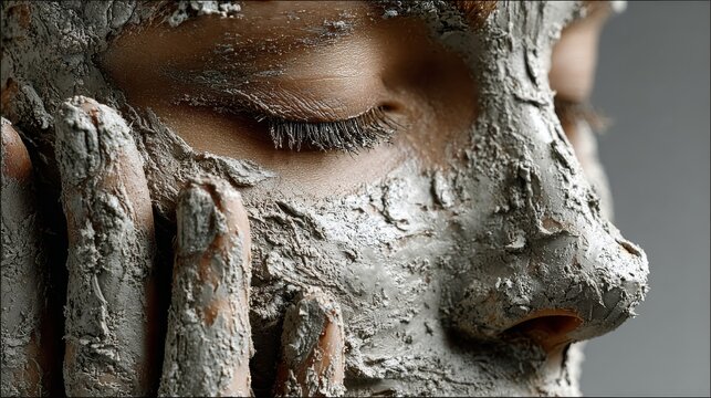 This close-up photo shows half of a face covered with a gray mud mask, with closed eyes revealing long eyelashes, and a hand covered in mud mask gently pressed against the cheek