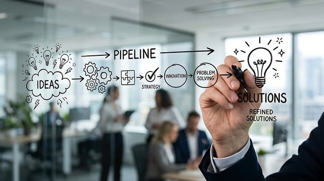 A business professional drawing an innovation pipeline diagram on a glass wall in an office.