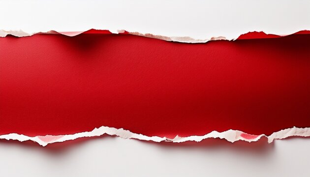 horizontal strip of red torn paper with rough textured edges as isolated on white background