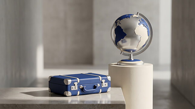 Small blue suitcase and a world globe on pedestals in a bright room