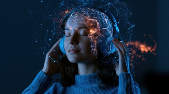 Young woman wearing blue headphones experiencing immersive neural visualization with glowing brain network and digital technology interface