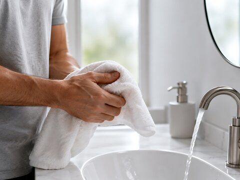 Person drying their hands with a clean white towel in a bright bathroom setting with a marble sink and running water from the faucet