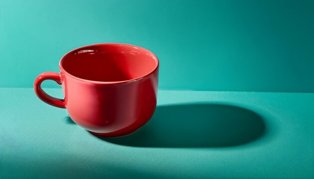 a single vibrant red ceramic mug casts a subtle shadow on a bright teal background