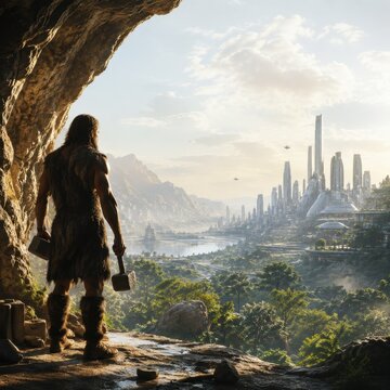Prehistoric figure overlooking a futuristic city from a cave