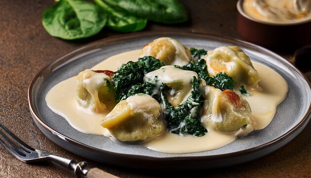 meat dumplings with spinach and cheesy sauce on a plate