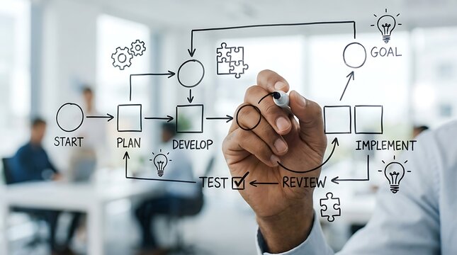 Business professional drawing a project development workflow process on a glass wall in an office.