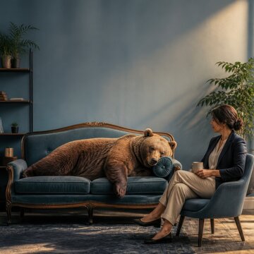 Woman seated beside a bear resting on a sofa