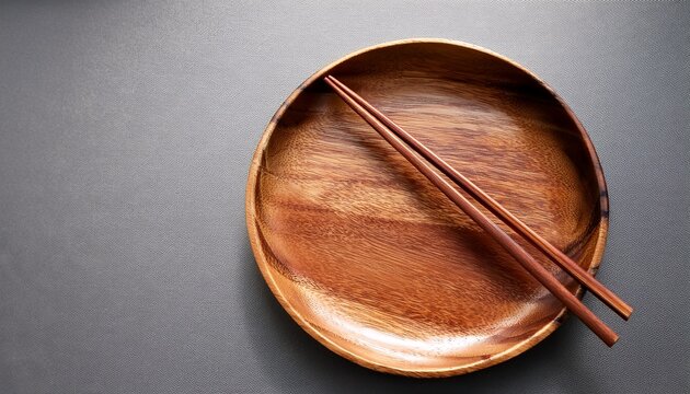 wooden plate with chopsticks on a gray surface