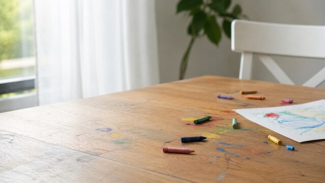 Child Crayon Marks on Wooden Table Surface with Scattered Crayons