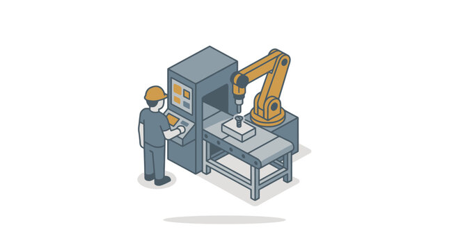 Creative Isometric of Worker Operating Industrial CNC Machine with Orange Robotic Arm and Gray Control Panel
