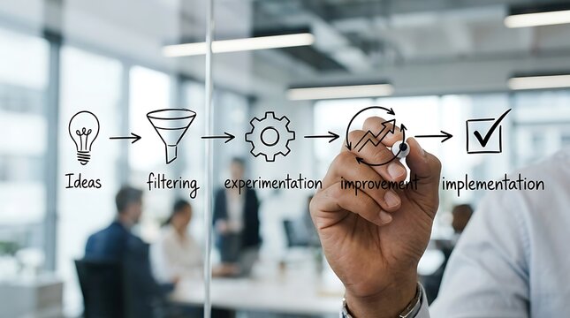 Business professional drawing a creative development process flow chart on a glass wall in the office.