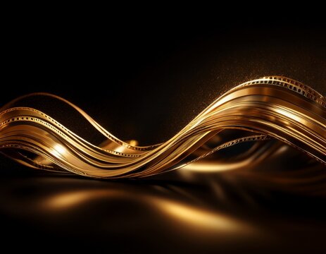 elegant golden film strip waving on black background cinema movie production concept