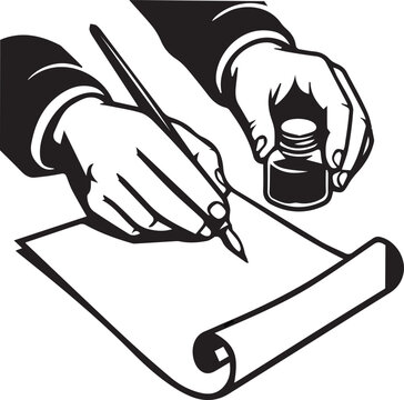 Vintage Black and White Vector Illustration of Hands Writing With Fountain Pen and Ink Bottle on Scroll Paper