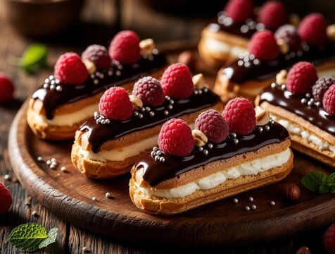 Delicious chocolate eclairs topped with fresh red raspberries, silver sprinkles on wooden board. Gourmet pastry dessert features creamy filling, rich cocoa glaze. Sweet bakery treats served with mint
