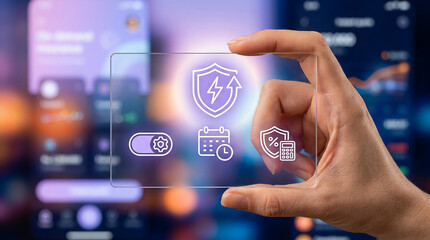 Obraz premium Close up of a hand holding a transparent glass tablet with glowing smart energy management and utility payment icons on a digital bokeh background.