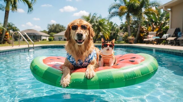 Happy golden retriever dog relaxing on a giant inflatable watermelon pool float in backyard.