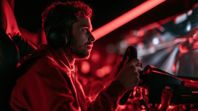 Young man with focused expression playing racing simulation game using steering wheel controller headset in red ambient lighting