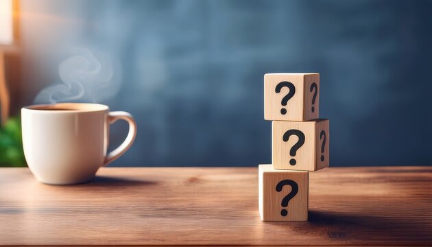 question mark blocks on wooden table with coffee cup