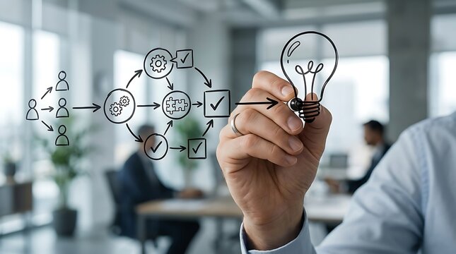 Business professional drawing a creative idea and workflow process diagram on a glass screen.