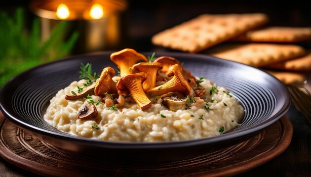 ai generated image of creamy risotto topped with chanterelle mushrooms and decorative cracker