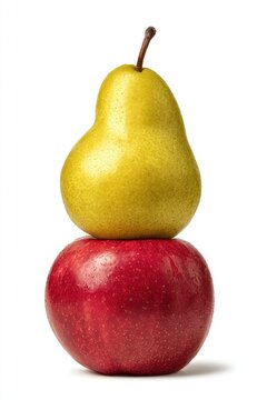 Pear balanced atop apple.