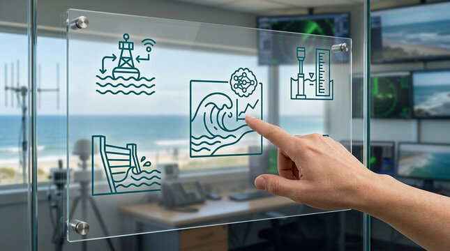 Marine monitoring system interface with tsunami and wave data icons being used by a professional hand in a coastal control room overlooking the sea.