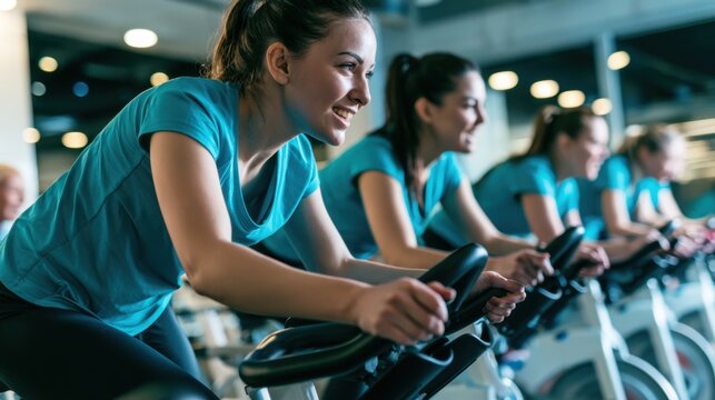 Young woman focused on indoor cycling workout in gym with group exercise energy and active healthy lifestyle
