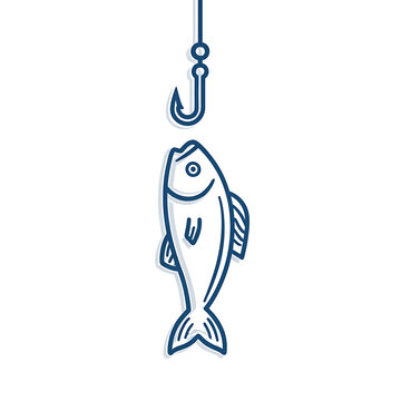Simple cartoon fish illustration caught on a hook