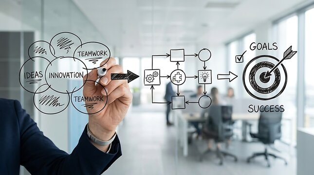Business professional drawing a strategic innovation and success workflow diagram on a glass wall.