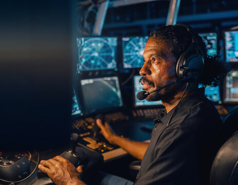 Vessel Captain Operating Advanced Ship Control Bridge at Night