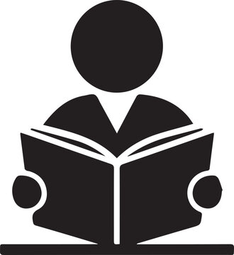 Minimalist Black and White Vector Silhouette Icon of Person Reading an Open Book at Desk