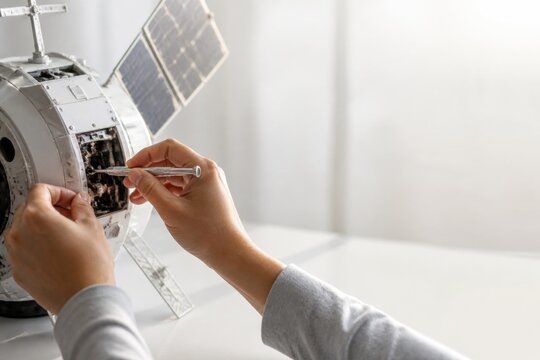 Hands adjusting electronics inside a small satellite model