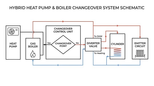 Hybrid heat pump and boiler changeover system schematic showing heating water cycle processes.