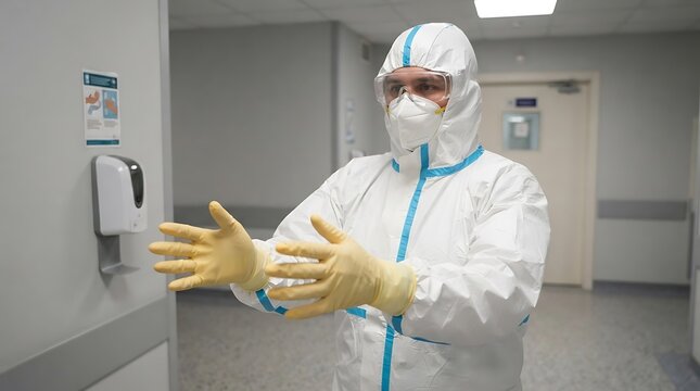 Healthcare professional in full PPE demonstrating hand sanitization protocol in sterile environment