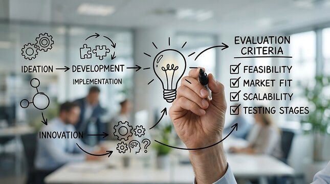 Business professional drawing a project development and evaluation criteria process on a glass board.